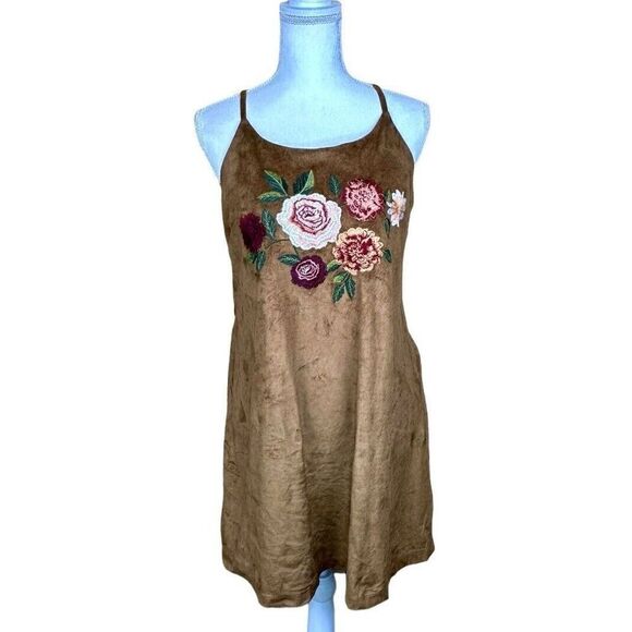 Altar'd State Dresses & Skirts - Altar’d State Suede Floral Brown Embroidered Racerback Slip Dress Women’s Small